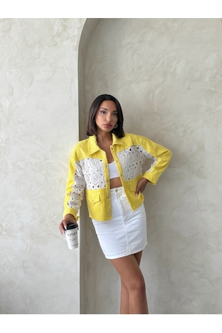 Verymoda Dantel Detatlı Kot Ceket F1758 Sarı
