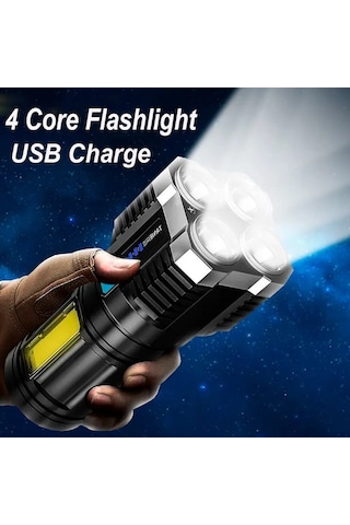Teltree Dört Led Işık Ve Cob Yan Lambalı Usb Şarjlı El Feneri, Yüksek Parlaklık, 4 Seviye Aydınlatma, Outdoor Ve Ev Kullanıma Uygun Siyah