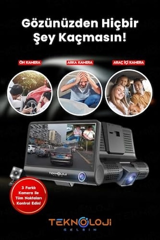Lcd Ekranlı 170 Geniş Açı 1080p İçi Kamera Gece Görüşlü 3 Kameralı G-sensör İle Uyumlu Yol Kayıt