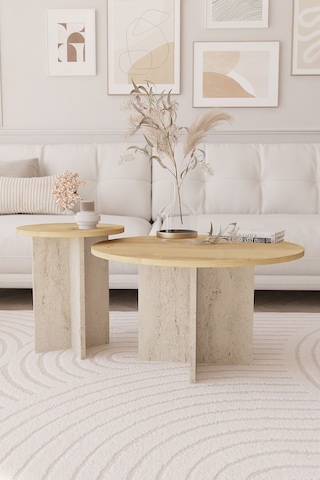 2 Li Orta Sehpa Seti, İskandinav Stil, Bohem, 72 Cm, 40 Cm - Safir Meşe & Traverten
