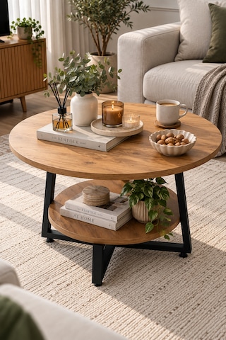 Yuvarlak Orta Sehpa 69,5 Cm İki Katlı Raflı Metal Ayaklı Modern Dekoratif Salon Sehpası Çam
