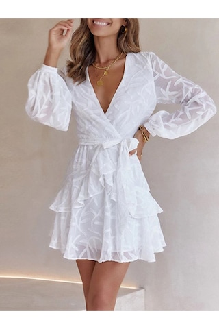 Fashion Cocktail Kabartma Yaprak Dal Desenli Uzun Kollu Kemerli Bohem Mini Elbise Beyaz