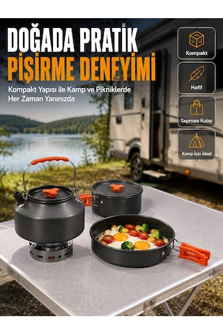 Alüminyum Kamp Pişirme Seti Katlanabilir Kulplu Çaydanlık Tencere Tava Outdoor Yemek Seti Açık Lacivert