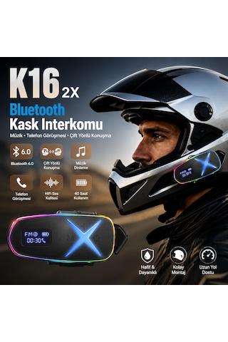 K16 2x Bluetooth Motosiklet Kask Interkomu Bluetooth 6.0 Çift Yönlü Konuşma Müzik Dinleme Telefon Görüşmesi Type-c Şarjlı