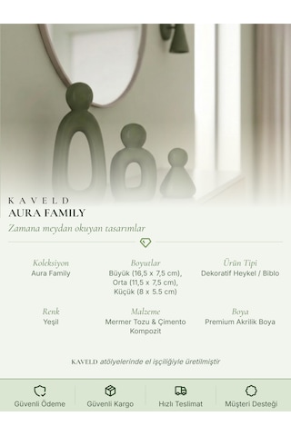 Kaveld Aura Family Minimalist Dekoratif Heykel 3'lü Set El Yapımı Modern Biblo Mermer Tozu & Çimento Kompozit Premium Salon Ve Ofis Dekoru Yeşil