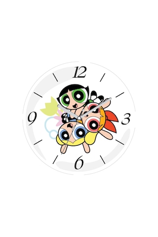 Powerpuff Girls Çizgi Film Sessiz Bombeli Gerçek Cam Duvar Saati Çok Renkli