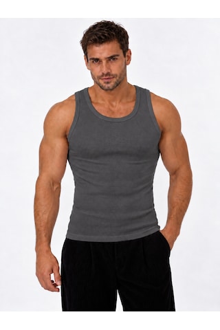 We&me Erkek Halter Yaka Slimfit Sporcu Likralı Atlet Gri