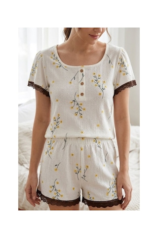 Fit Women Dantel Detaylı Çiçek Baskılı Şortlu Pijama Takımı 4584 Beyaz