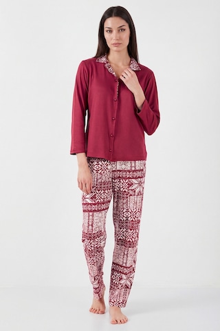 Lela Desenli Regular Fit Apaş Yaka Beli Lastikli Bol Paça Bayan Pijama Takımı 65714300 Bordo
