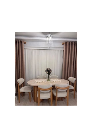 6 Ahşap Sandalyeli Bohem Mdf Masa Traverten Renk 90x190 Gri