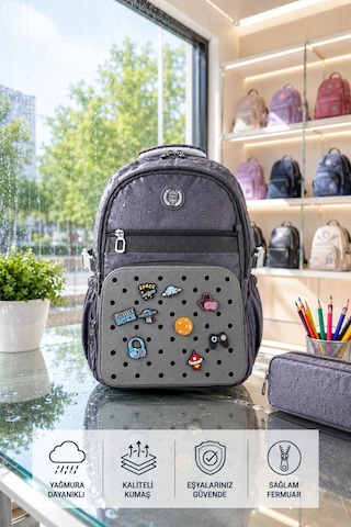 3'lü Set Çocuk İlkokul Çantası+ Kalemlik+ Beslenme Delikli Model Relaxio 1 Adet Gri