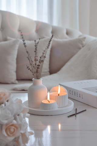 5 Parça Beyaz Renk Özel Tasarım Kokulu Soya Mum, Vazo, Tealightlı