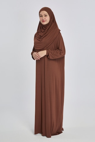 Pratik Başörtülü Rahat Giyilebilen Organik Tek Parça Namaz Elbisesi Çikolata