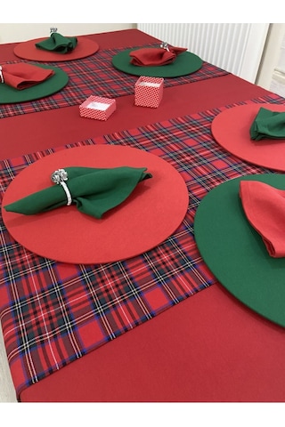 Kırmızı Masa Örtüsü , Ekose Runner , 2 Renk Supla Seti , Peçete 6 Kişilik