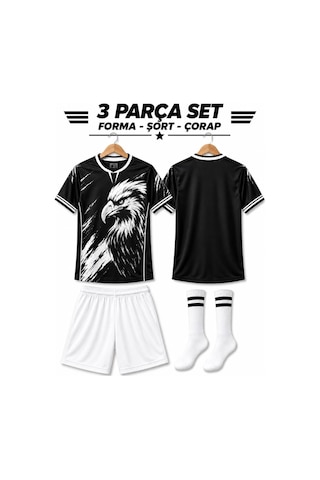 Sonvadi Çocuk Futbol Forması Takımı Kartal Baskılı Beyaz Şort 3 Parça Çorap Siyah