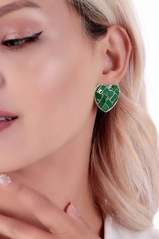 Bhs Life 925 Ayar Kadın Gümüş Kalp Yeşil Desenli Seramik Küpe Yeşil