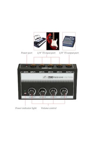 Hfambition 4 Girişli Mini Ses Karıştırıcı - Mikrofon Enstrüman Çıkışı - Metal Gövde - Ses Seviyesi Ayarlı 1/4" Ts - Avrupa Standartı 100-240v 10"