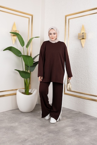 Hira Life Fashion Kadın Efsa Kahverengi Bisiklet Yaka Yanı Şeritli Ve Pantolon Cepli Alt-üst İkili Takım Kahverengi Kahverengi