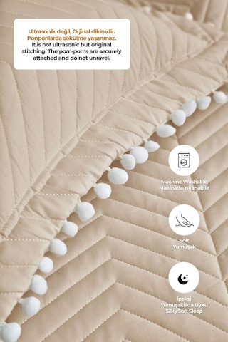 Evlen Home Ollie %100 Pamuk Yatak Örtüsü Pike Takımı Çift Kişilik Ponponlu Kapitone Günlük Bej
