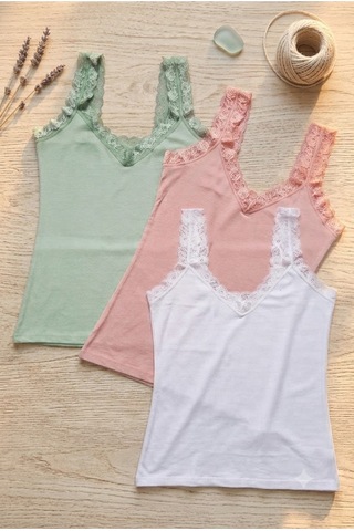 Demirsa Boutique Dantel Askılı Modal Kumaş 3'lü Kadın Atlet Beyaz, Pudra Ve Yeşil Renk Çok Renkli3
