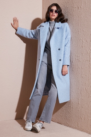 Lela Oversize Fit Mono Yaka Düğmeli Buklet Uzun Kaşe Bayan Kaban 6810236 Bebe Mavi
