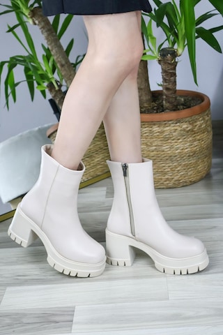 Asmi Shoes Kadın Leysi 8 Cm Platformlu Topuklu Fermuarlı Bot Krem Krem