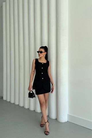 Sensuelle Jakar Keten Yelek - Kısa Etek Takım - Siyah Siyah