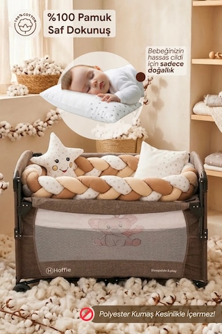 Deluxe Park Yatak Uyku Seti Bebek Beşik Örgülü Uyku Seti Pamuklu Kumaş 7 Parça