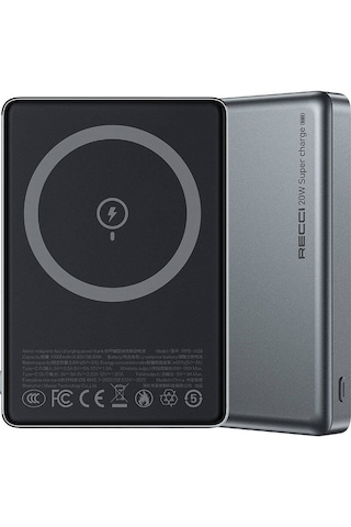 Recci RPB-W26 Armor Serisi 15 W 10000 mAh Ultra İnce PD 20W Hızlı Şarj Özellikli Powerbank Gri
