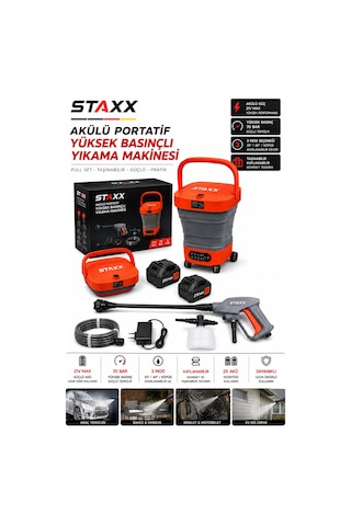 Staxx Kr70bar Yeni Nesil 21v X2 Akülü Portatif Basınçlı Yıkama Makinesi 70 Bar Köpük Tanklı Araç