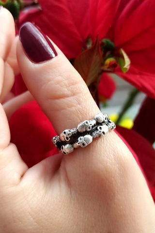 Antik Gümüş Kaplama Kurukafalar Şekilli El Yapımı Ayarlanabilir Yüzük