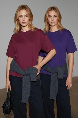 Soft&Basic Kadın 2'li %100 Organik Pamuk Oversize Fit Basic Yuvarlak Yaka T-shirt Bordo-mor
