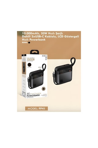 10000mah Dijital Göstergeli Type-c Kablolu/girişli 20w Hızlı Şarjlı Powerbank - Siyah siyah