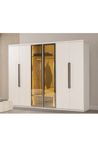Hale Mdf Membran 6 Kapaklı Reflekte Camlı Gardırop Ve Yatak Odası Takımı Beyaz