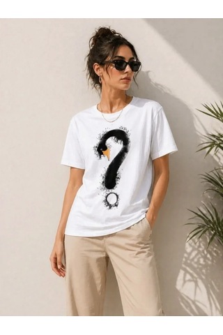 Defymoda Kuğu Figürlü Soru İşareti Baskılı Tişört Kısa Kol T-shirt - Beyaz