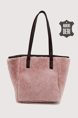 Hakiki Deri Kürklü Kadın El Çantası Pudra Smr9152 Pudra