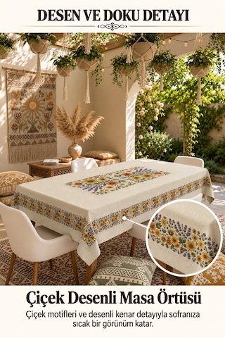 Vivanni Home Yıkanabilir Dikdörtgen Masa Örtüsü Günlük Kullanıma Uygun Pratik Ve Uzun Ömürlü Çiçekli Model