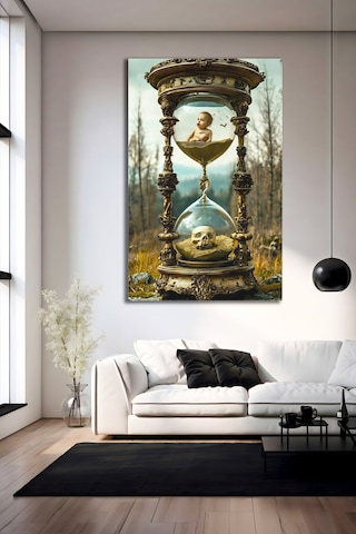 Zamanın Gizemi Cam Tablo Kum Saati Ve Yaşam Ölüm Temalı Sürrealist Dekoratif Duvar Tablosu Vintage Gold Premium Salon Ve Ofis Dekoru