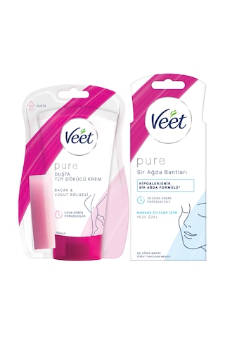 Veet Pure Duşta Tüy Dökücü Krem 150 ML + Veet Pure Sir Ağda Bandı Yüz 20 Adet
