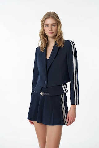 Quzu Yazı Şeritli Tek Düğmeli Crop Blazer Lacivert Kadın Ceket Ckt00121 Lacivert