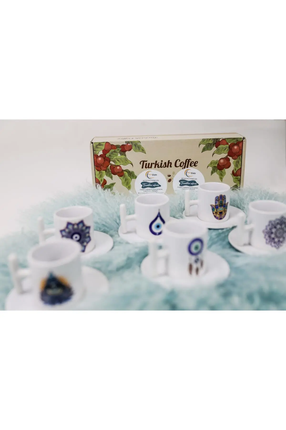 Nazar Boncuklu 90 Ml Özel Gün Ve Özel Beyaz Tasarım T-kulplu 6 Kişilik Türk Kahve Fincanı Takımı