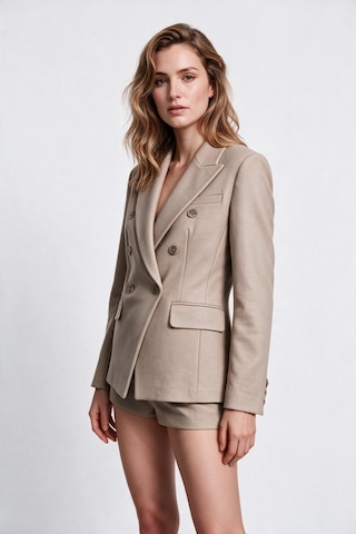 Ekol Kadın Kruvaze Çentikli Yaka Düğme Detaylı Uzun Kollu Blazer Ceket Kum