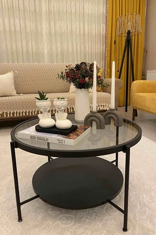 Nordic Orta Sehpa Temperli Cam 75 Cm Demonte Çizilmez Kırılmaz Metal Çerçeve Raflı Minimalist Sehpa - Siyah Siyah