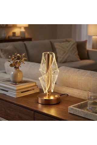 Masa Lambası Çapraz Kavisli Ters Kristal Simli Led Gövdeli Dokunmatik 3 Kademe Işık Ayarlı Şarj Edilebilir Dekor Amaçlı Lamba Gold . 30003906