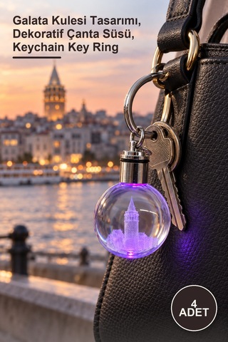 4 Adet Ledli Kristal Anahtarlık Galata Kulesi Tasarımı, Dekoratif Çanta Süsü, Keychain Key Ring
