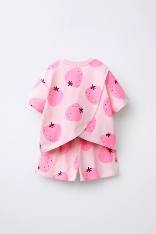 Magu Kız Çocuk Pamuklu Pembe Çilek Desenli T-shirt Şort Takım