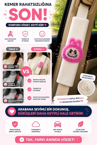 Bunny Beyaz Emniyet Kemeri Aksesuarı - Emniyet Kemeri Kılıfı-araç Emniyet Kemeri Omuz Koruyucu 1 Adet