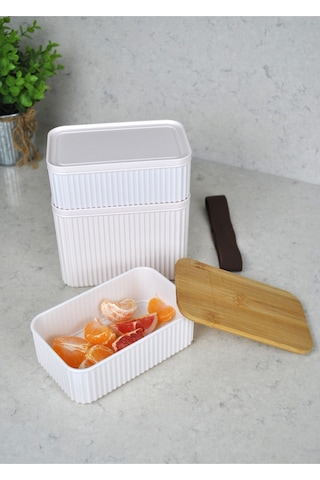 Zebra 3'lü Bambu Kapaklı Lunch Box 1 Lt + 2x 0,50 Lt- Kare Lastikli Saklama Kabı Seti Krem