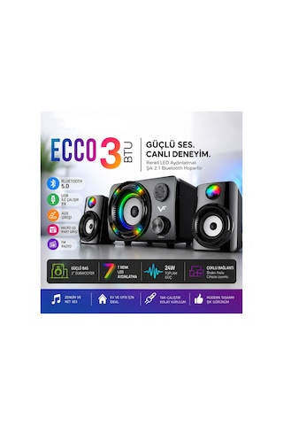 Ecco3 Btu 2.1 Kanal Speaker Rgb Led Işıklı Hafıza Kartı Ve Usb Girişli Fm Radyolu Bluetooth Hoparlör Pc Tv Laptop Bilgisayar Uyumlu