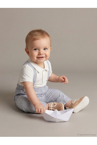 M&b Collection Ekru Polo Yaka Erkek Bebek Tişört Ve Askılı Pantolon 2'li Ekru
